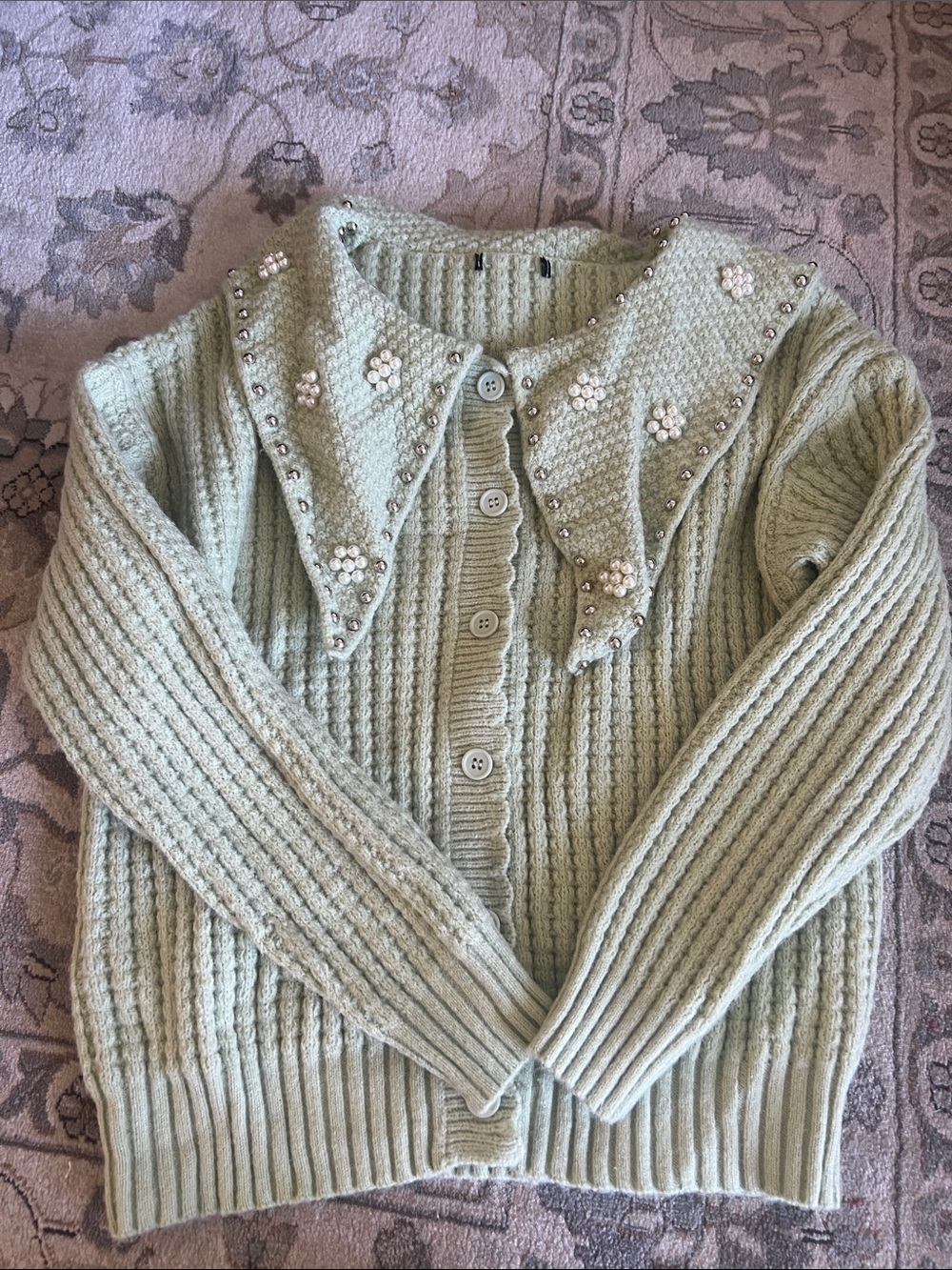 No tags Pearl-Embellished Knit Cardigan Sweater in Pistachio Green
